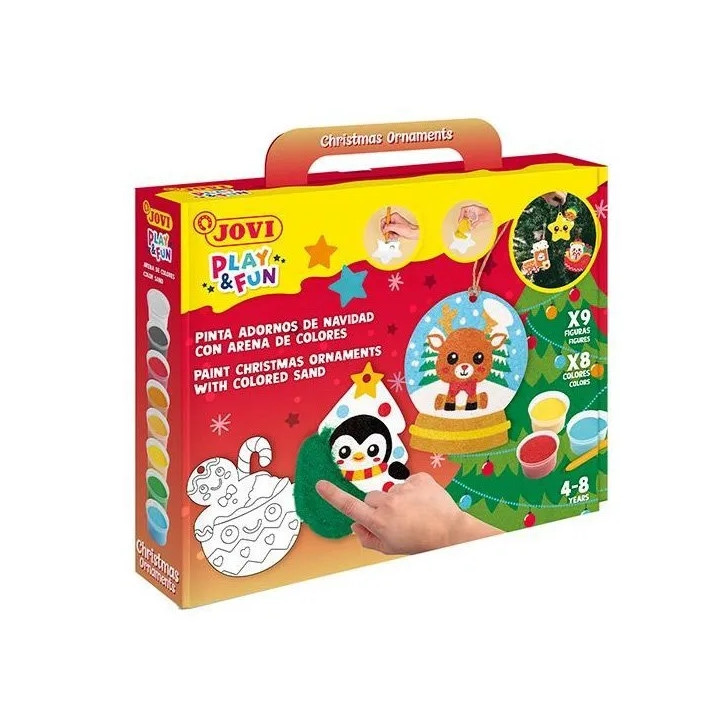 Jovi Play & Fun Kit Pinta con Arena Christmas Ornaments con 8 Botes de Arena + 1 Punzon + 3 Laminas con Diseños Navideños - Colo