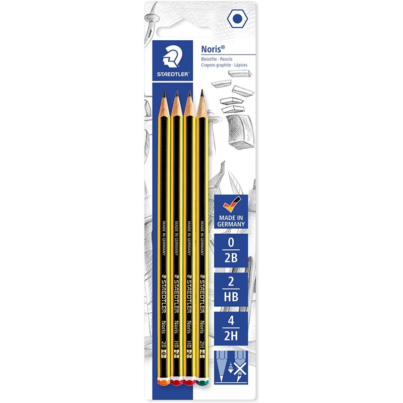 Staedtler Noris 120 Pack de 4 Lapices de Grafito Hexagonales - Graduaciones Surtidas - Resistencia a la Rotura - Madera de Bosq