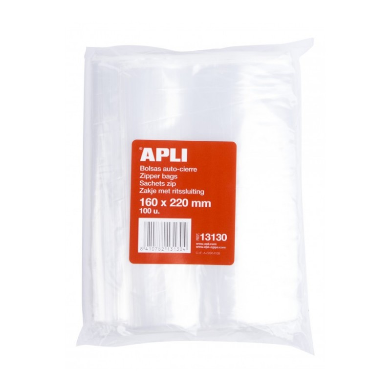 Apli Pack de 100 Bolsas de Auto Cierre 160 x 220 mm - Cierre Seguro - Aptas para Alimentos Apli Pack de 100 Bolsas de Auto Cierre 160 x 220 mm - Cierre Seguro - Aptas para Alimentos