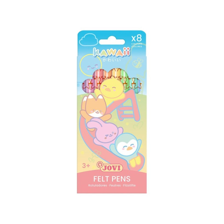 Jovi Kawaii Felt Pens Pack con 8 Rotuladores Punta Media de 3mm - Capuchon de Seguridad Ventilado - Grip Triangular Ergonomico -
