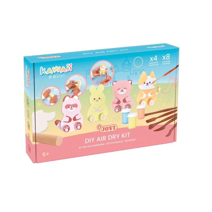 Jovi Kawaii Air Dry Kit con Pasta Endurecible 500gr + 4 Plantillas + Pinturas + Complementos - Facil de Moldear - Colores Surtid