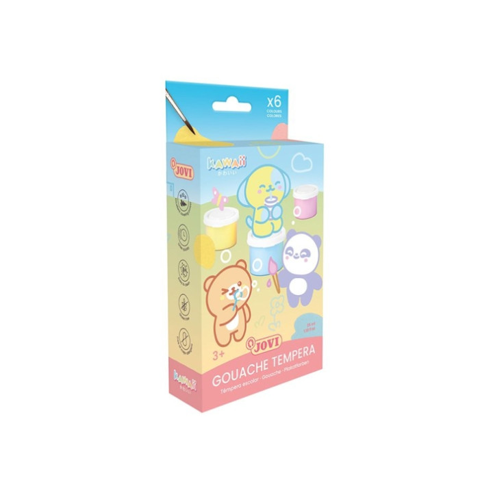 Jovi Kawaii Pack con 6 Botes de Tempera 35ml + Pincel - Secado Rapido - Excelente Adherencia - Lista para Usar - Colores Surtido