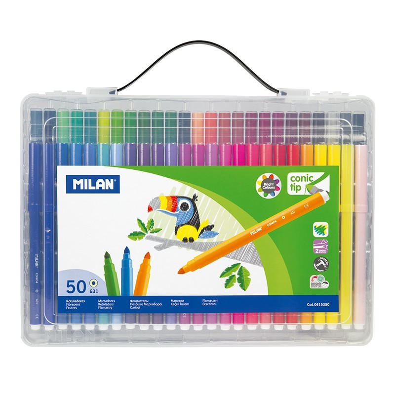 Milan Maletin de 50 Rotuladores de Punta Conica - Punta 5 mm - Tinta a base de agua - Mezclable entre si - Colores Surtidos Milan Maletin de 50 Rotuladores de Punta Conica - Punta 5 mm - Tinta a base de agua - Mezclable entre si - Colores Surtidos