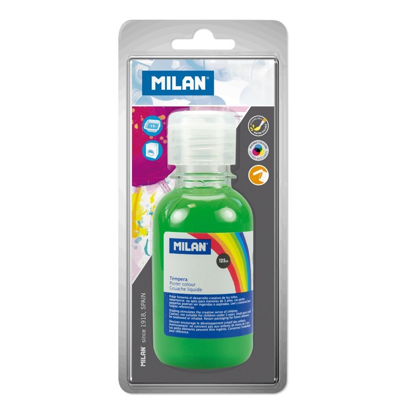 Milan Botella de Tempera 125 ml - Tapon Dosificador - Secado Rapido - Mezclable - Color Verde Claro Milan Botella de Tempera 125 ml - Tapon Dosificador - Secado Rapido - Mezclable - Color Verde Claro
