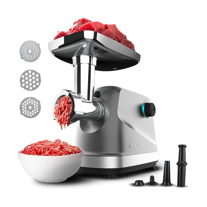 Cecotec Crusher 1400 Steel Picadora de Carne Electrica - Potencia de 1360W - Accesorios Surtidos - Compacto y Manejable - Sistem