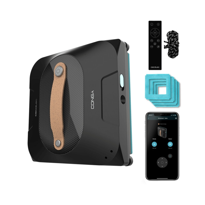 Cecotec Conga Windroid 1390 DoubleSpray Connected Robot Limpiacristales 3 en 1 - Incluye 4 Mopas - 8 Modos - Control App y Mando