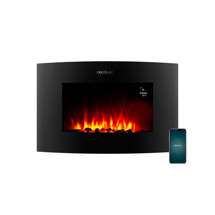 Cecotec ReadyWarm 3560 Chimenea Electrica de 35" - 2000W - Cristal Templado Curvo - Control Wi-Fi y Remoto - Calefaccion hasta 3