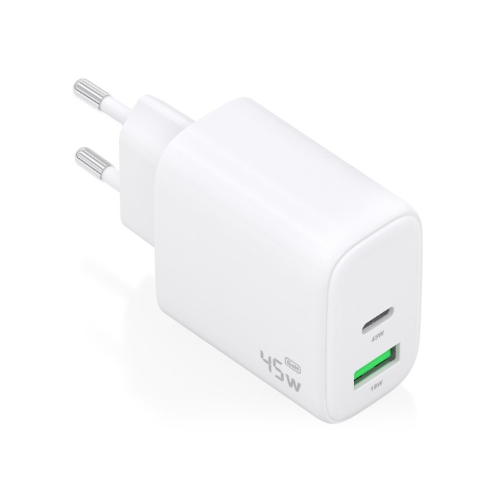 Aisens Cargador GAN 45W - 1xUSB-C PD3.0 QC4.0 y 1xUSB-A QC3.0 - Color Blanco