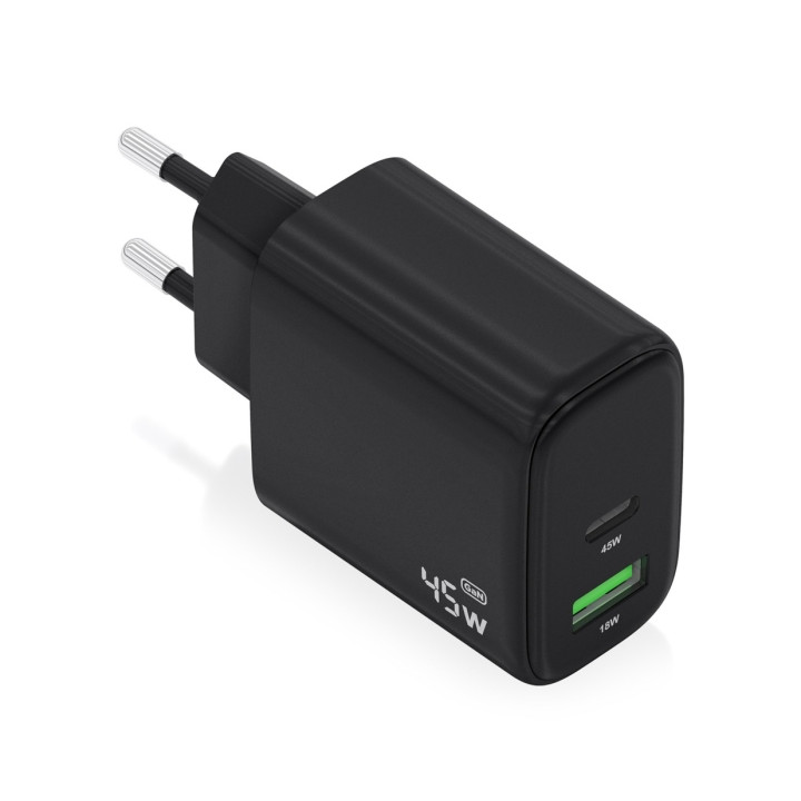 Aisens Cargador GAN 45W - 1xUSB-C PD3.0 QC4.0 y 1xUSB-A QC3.0 - Color Negro