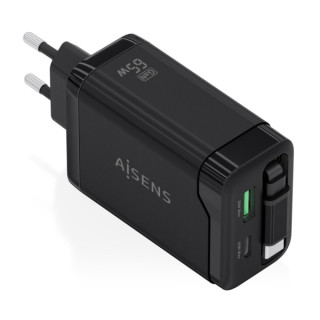 Aisens Cargador GAN 65W - 1xUSB-C PD3.0 y 1xUSB-A QC3.0 + Cable USB-C Retractil - Color Negro