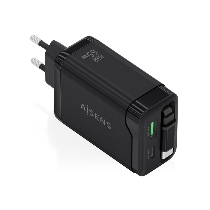 Aisens Cargador GAN 65W - 1xUSB-C PD3.0 y 1xUSB-A QC3.0 + Cable USB-C Retractil - Color Negro