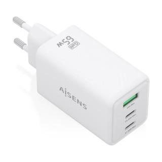 Aisens Cargador GAN 65W - 2xUSB-C PD3.0 QC4.0 y 1xUSB-A QC3.0 - Color Blanco