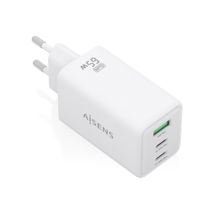 Aisens Cargador GAN 65W - 2xUSB-C PD3.0 QC4.0 y 1xUSB-A QC3.0 - Color Blanco