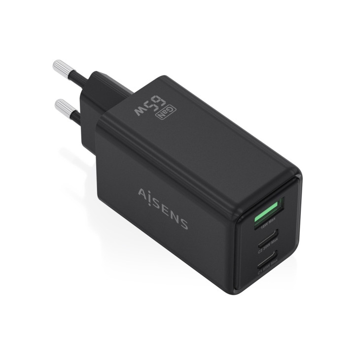 Aisens Cargador GAN 65W - 2xUSB-C PD3.0 QC4.0 y 1xUSB-A QC3.0 - Color Negro
