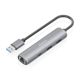 Aisens ASUC-4P035-GR Adaptador de Red USB 3.0 a Ethernet Gigabit + Hub 1xUSB-C y 2xUSB-A 3.0 - 15cm - Color Gris