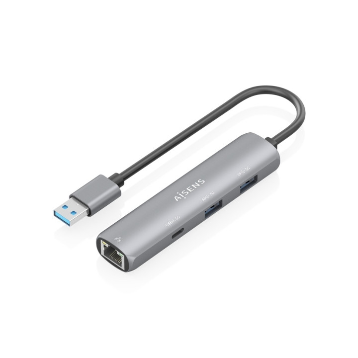 Aisens ASUC-4P035-GR Adaptador de Red USB 3.0 a Ethernet Gigabit + Hub 1xUSB-C y 2xUSB-A 3.0 - 15cm - Color Gris