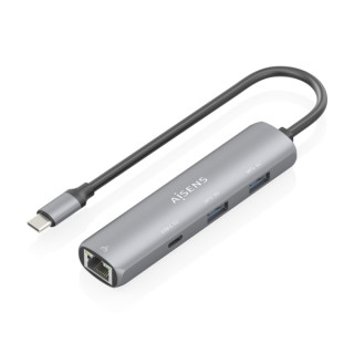 Aisens ASUC-4P039-GR Adaptador de Red USB-C a Ethernet Gigabit + Hub 1xUSB-C y 2xUSB-A 3.0 - 15cm - Color Gris