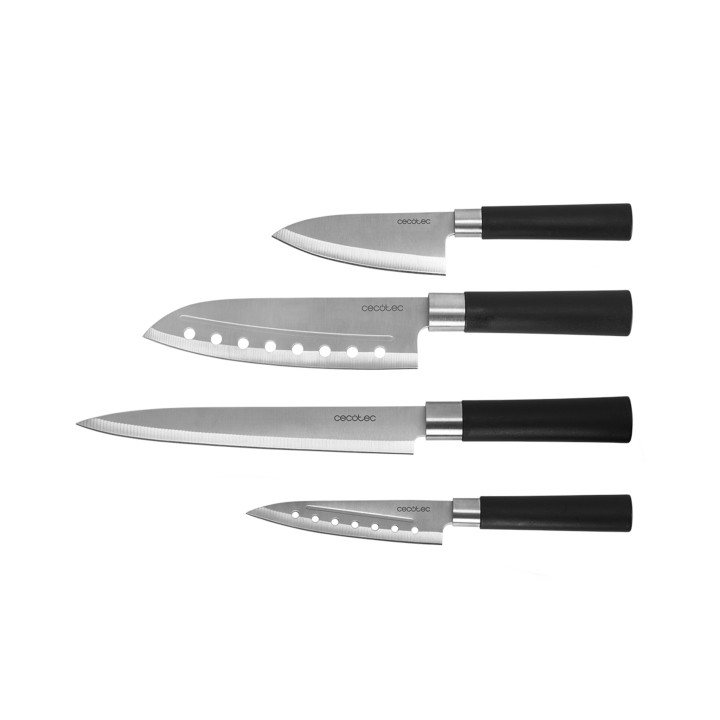 Cecotec santoku Pack de 4 Cuchillos Profesionales - Hoja de 2mm de Grosor - Acero Inoxidable con Base de Carbono - Mango Ergonom