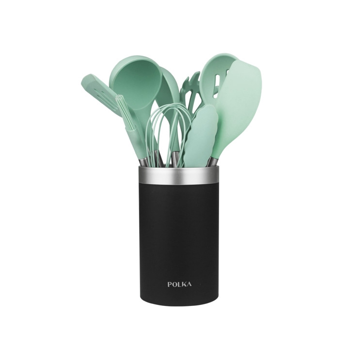 Cecotec Polka Experience Shark Pack de 9 Utensilios de Cocina - Mango de Acero y Caucho Termoplastico - Silicona Antiadherente -