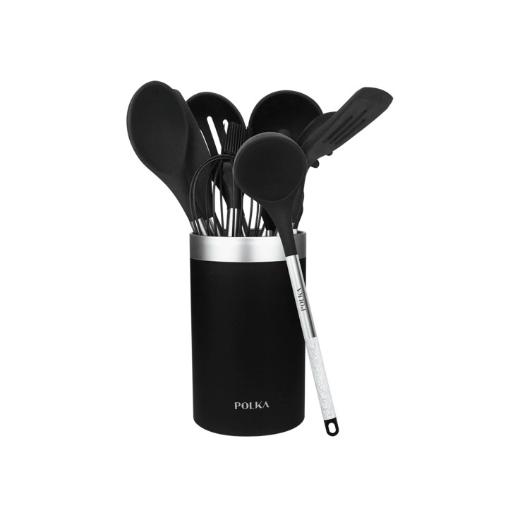 Cecotec Polka Exclusive Wood and Rock Pack de 9 Utensilios de Cocina - Incluye Soporte - Materiales Silicona y Acero - Resistent