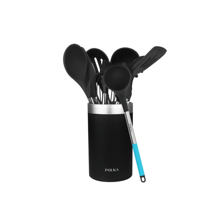 Cecotec Polka Platinum Thunder Pack de 9 Utensilios de Cocina - Soporte - Silicona Antiadherente - Resiste hasta 220°C - Mangos