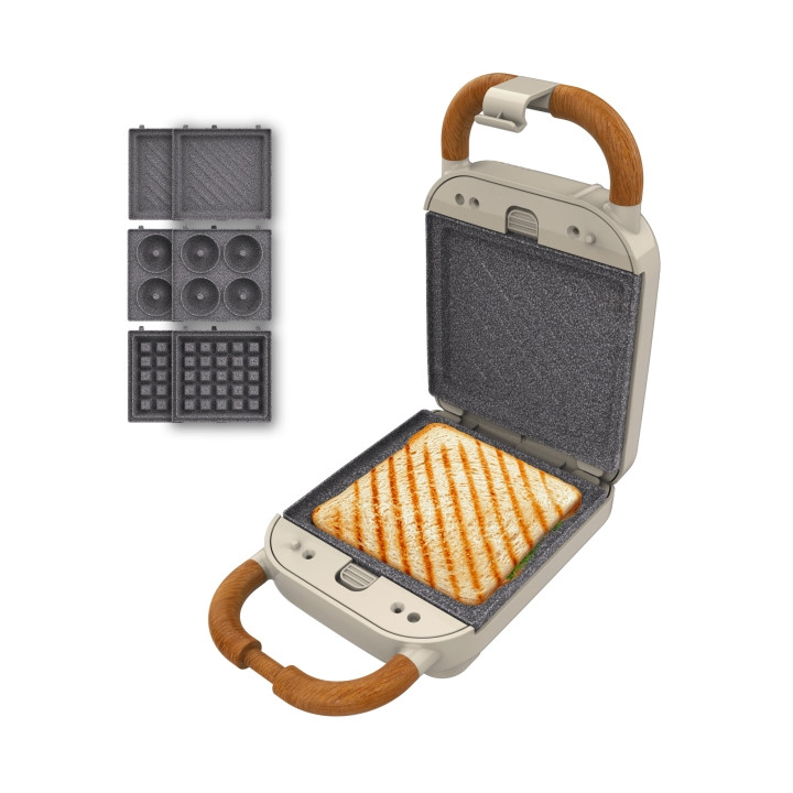 Cecotec Rock'nToast Retro One Beige Sandwichera 3 en 1 - 700W - Placas Intercambiables - Estilo Retro - Antiadherente - Asa y Ci