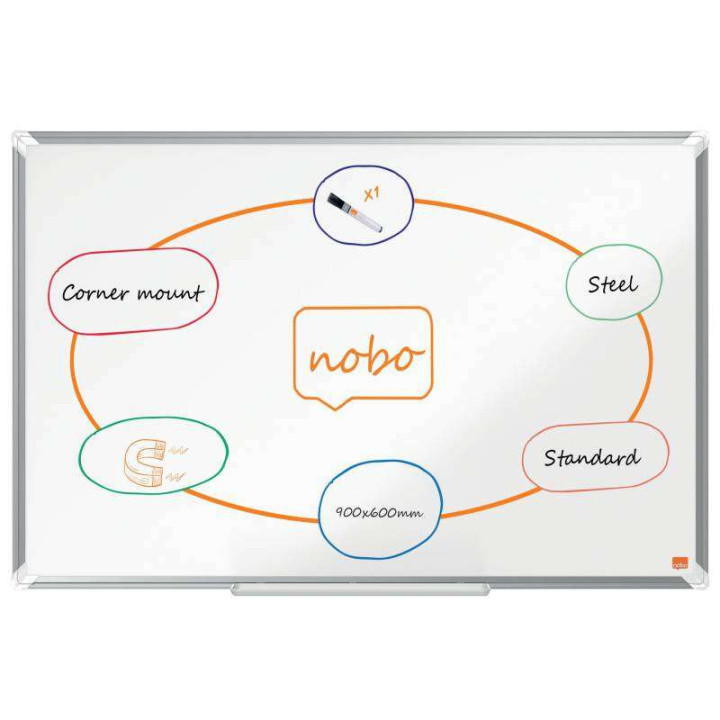 Nobo Premium Plus Pizarra Magnetica de Acero Lacado 900x600mm - Montaje en Esquinas - Superficie de Borrado Facil - Color Blanc