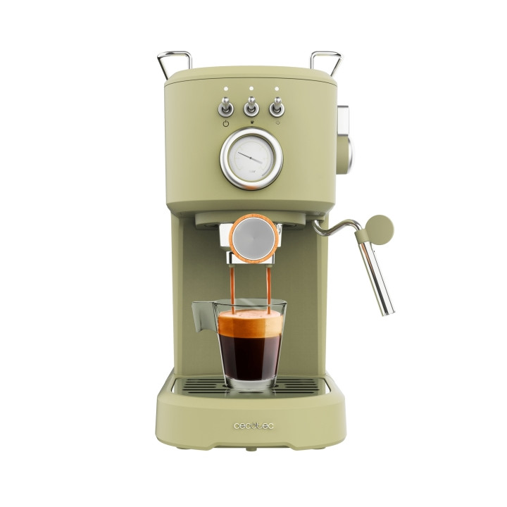 Cecotec Power Espresso 20 Retro Green Cafetera Expresso - 1100W - 20Bar - Vaporizador Orientable - Doble Salida de Cafe - Deposi