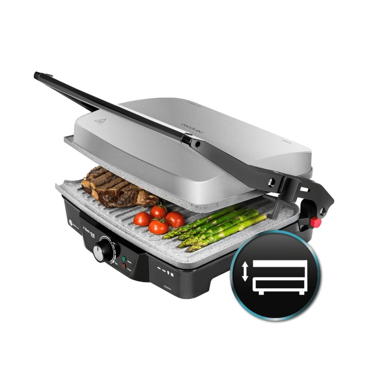 Cecotec Rock'nGrill 2000 Parrilla Electrica - 2000W - Antiadherente - Apertura 180º - Saliente Vierte Grasas - Placa Superior Fl