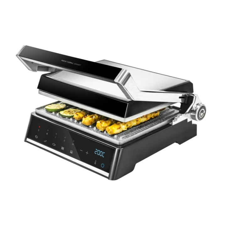 Cecotec Rock’nGrill Smart Parrilla Electrica - 2000W - Sistema Autocook - Revestimiento Antiadherente - Apertura 180º - Placas D