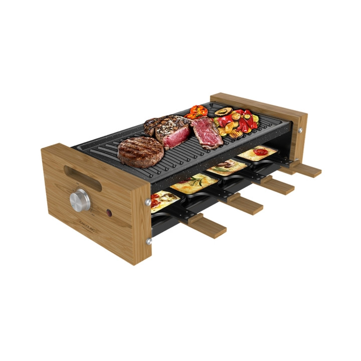 Cecotec Cheese and Grill 8200 Wood Black Raclette - 1200W - 8 Sartenes Antiadherentes - Placa Antiadherente de Acero - Superfici