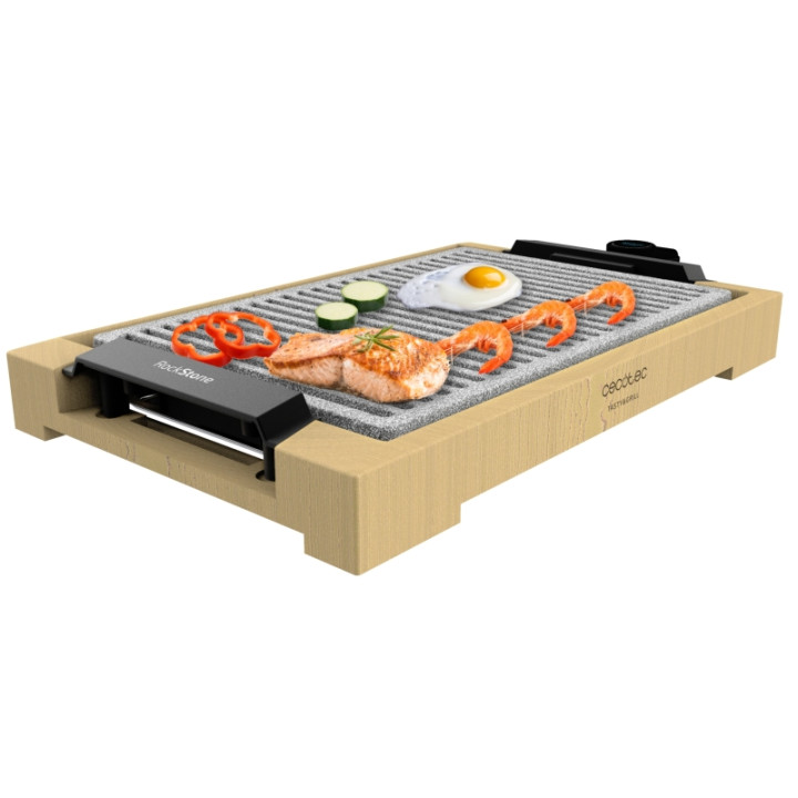 Cecotec Tasty and Grill 2000 Bamboo LineStone Plancha Electrica - 2000W - Antiadherente - Estructura Bambu - Termostato Regulabl