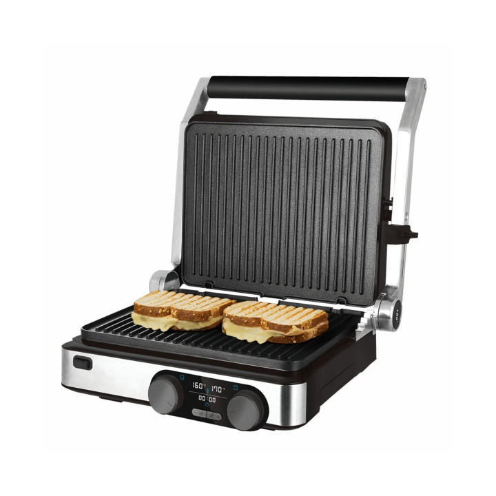 Cecotec Rock'nGrill Dual Parrilla Electrica - 2000W - Antiadherente - Apertura 180º - Placas Desmontables - Pantalla LED - Bande