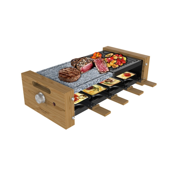 Cecotec Cheese and Grill 8400 Wood MixGrill Raclette - 1200W - 8 Sartenes Antiadherentes - Grill y Plancha - Termostato - Placas