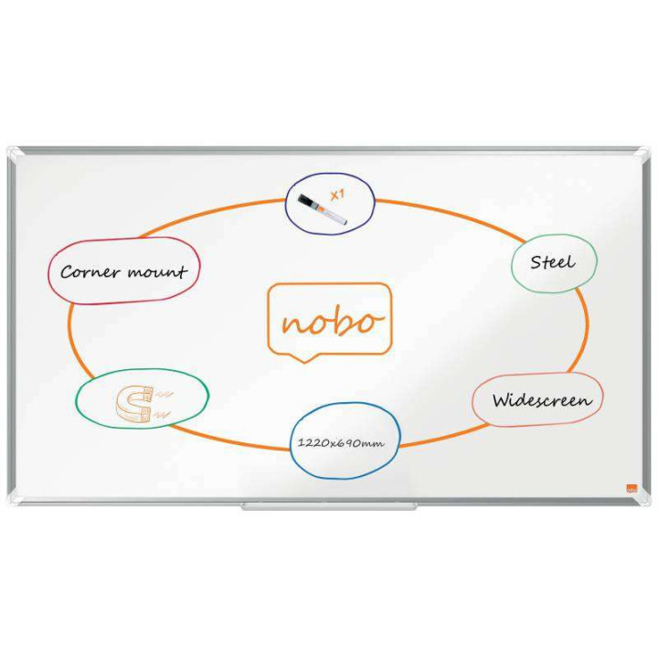 Nobo Premium Plus Pizarra Magnetica de Acero Lacado Panoramica 1220x690mm - Montaje en Esquina - Blanco