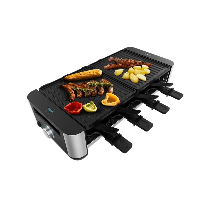 Cecotec Cheese and Grill 16000 Inox Black Raclette - 1400W - Amplia Superficie de 40x22cm - Termostato - 8 Sartenes Antiadherent