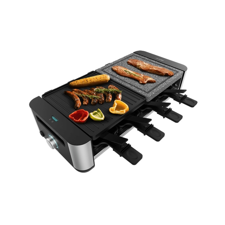 Cecotec Cheese and Grill 16000 Inox MixGrill Raclette - 1400W - Superficie Reversible de 20x22cm - Termostato - 8 Sartenes Antia
