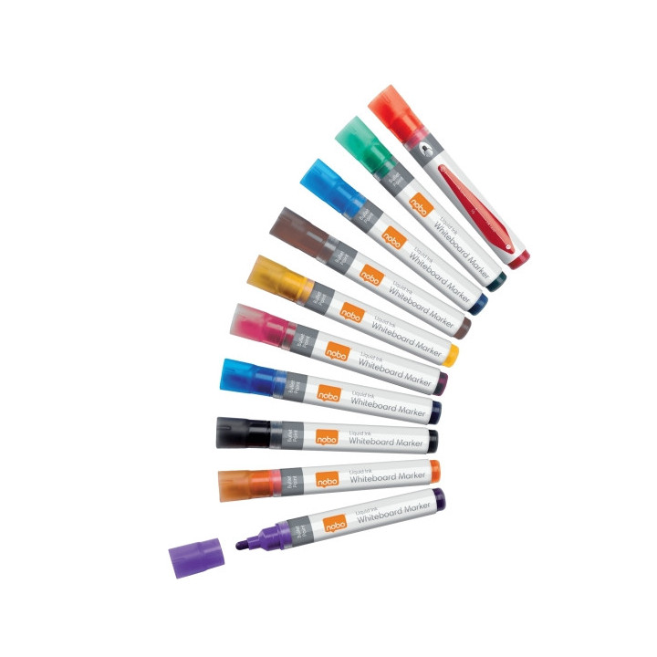 Nobo Pack de 10 Rotuladores para Pizarra Blanca - Punta Redonda 3mm - Tinta Liquida - Ventana para Ver el Nivel de Tinta - Colo