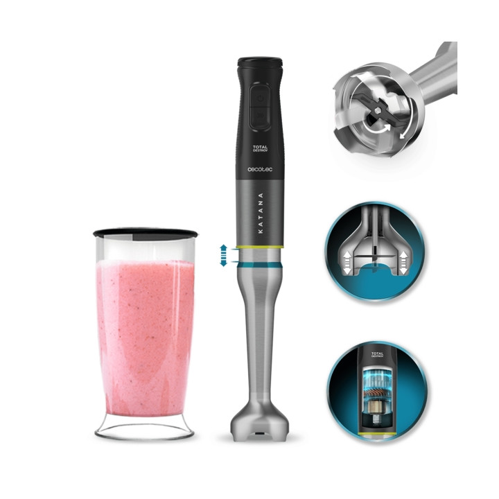 Cecotec Katana 15 TotalDestroy Jar Batidora de Mano - 1500W - Cuchillas de Titanio Efecto Tijera - Funcion Oscilante - 21 Veloci