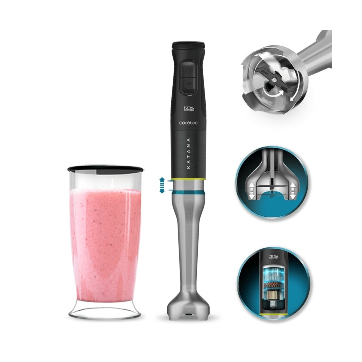 Cecotec Katana 15 TotalDestroy Jar Batidora de Mano - 1500W - Cuchillas de Titanio Efecto Tijera - Funcion Oscilante - 21 Veloci