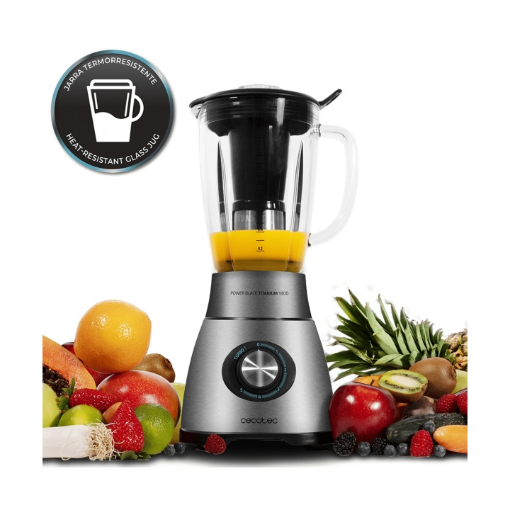 Cecotec Power Black Titanium 1800 Batidora de Vaso - 1800W - Jarra de 2.1L - Cuchilla Titanio 6 Hojas - Funcion Turbo - Sistema