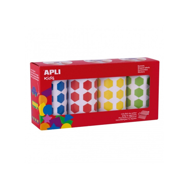 Apli Pack de 4 Rollos de Gomets Hexagonales 20mm - 1770 Gomets por Rollo - Adhesivo Permanente - 7080 Gomets en Total - Ideales
