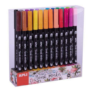 Apli Brush Marker Pack de 24 Rotuladores Acuarelables de Doble Punta - Punta Pincel de 1-4mm y Punta Redonda de 1mm - Tinta Bas