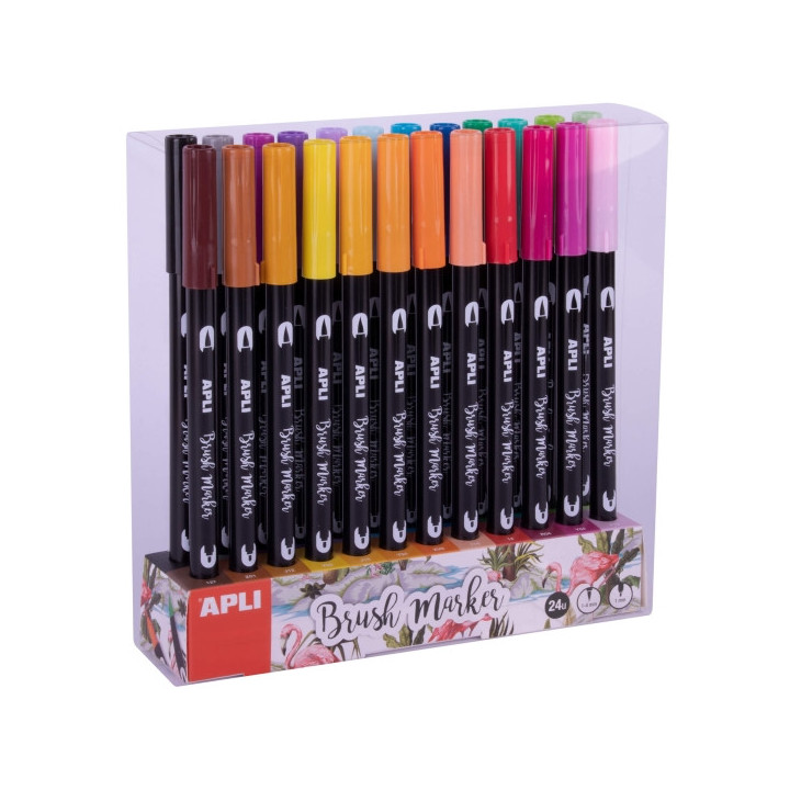 Apli Brush Marker Pack de 24 Rotuladores Acuarelables de Doble Punta - Punta Pincel de 1-4mm y Punta Redonda de 1mm - Tinta Bas