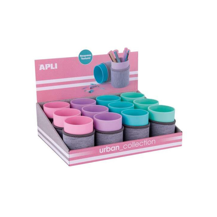 Apli Urban Collection Expositor de 12 Cubiletes con Funda de Neopreno - Medidas 105x80mm - Colores Surtidos