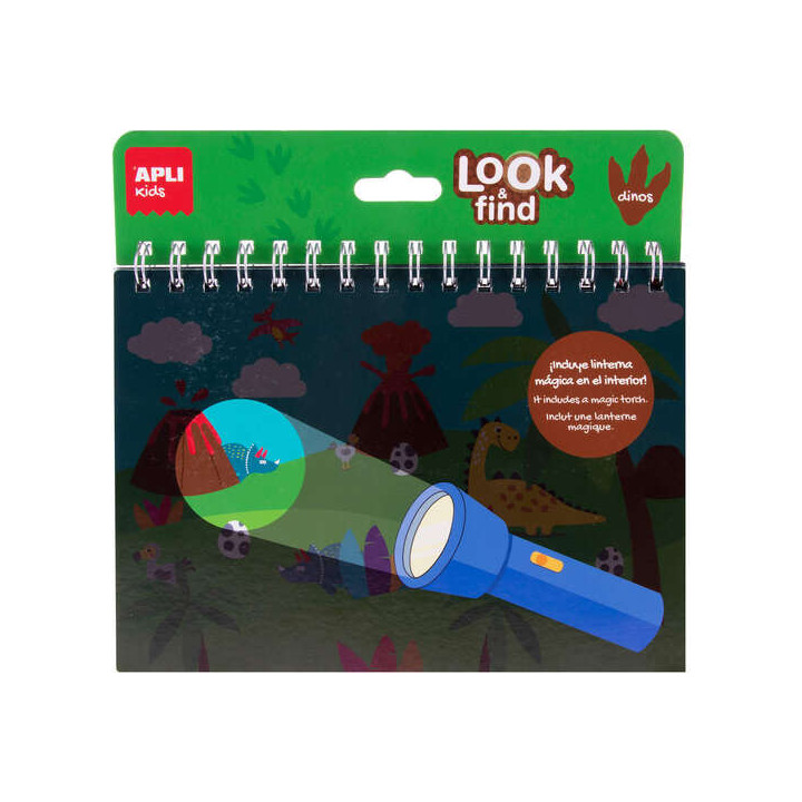 Apli Look & Find Dinosaurios Bloc de 6 Laminas para Buscar Objetos con Linterna Magica