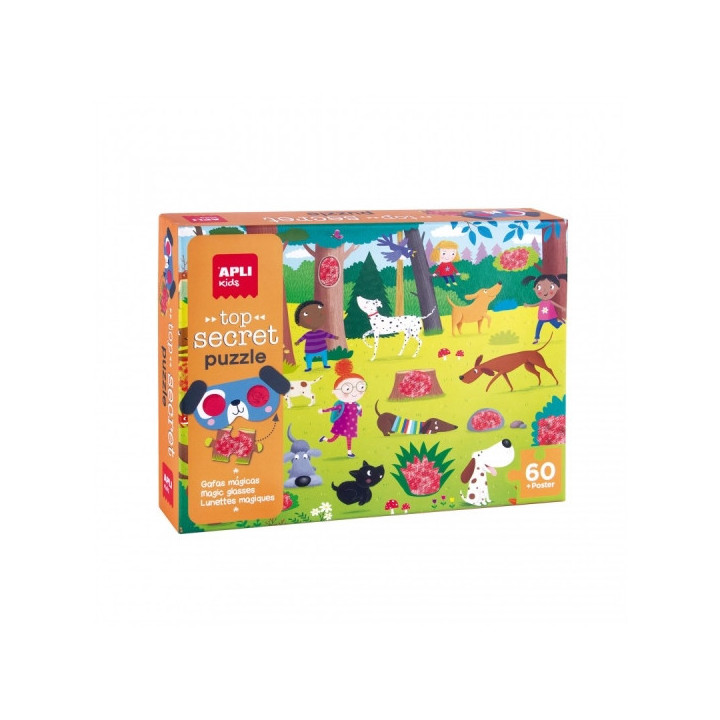 Apli Puzle Secreto de Perros - Diseño Infantil y Colorido - Incluye Gafas Magicas y Poster - Piezas Resistentes y Seguras - Fo