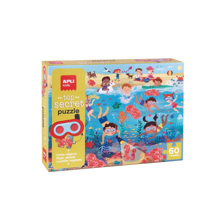 Apli Top Secret Puzzle de 60 Piezas 6x6cm - Tematica Playa - Usa las Gafas para Descubrir Zonas Secretas - Poster para Facilita