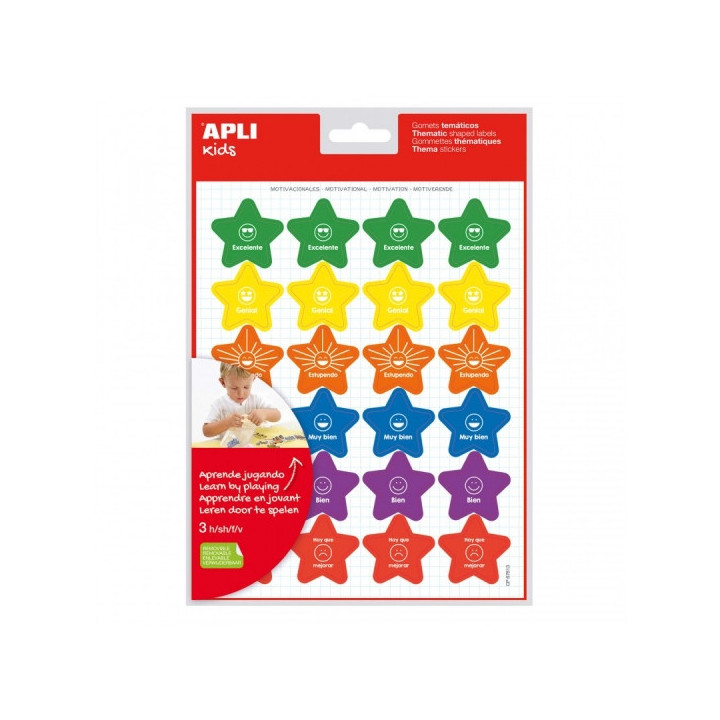 Apli Bolsa de Gomets Motivacionales - Adhesivo Removible - 72 Gomets - 6 Estilos de Estrellas con Frases - Adhesivo Base Agua -