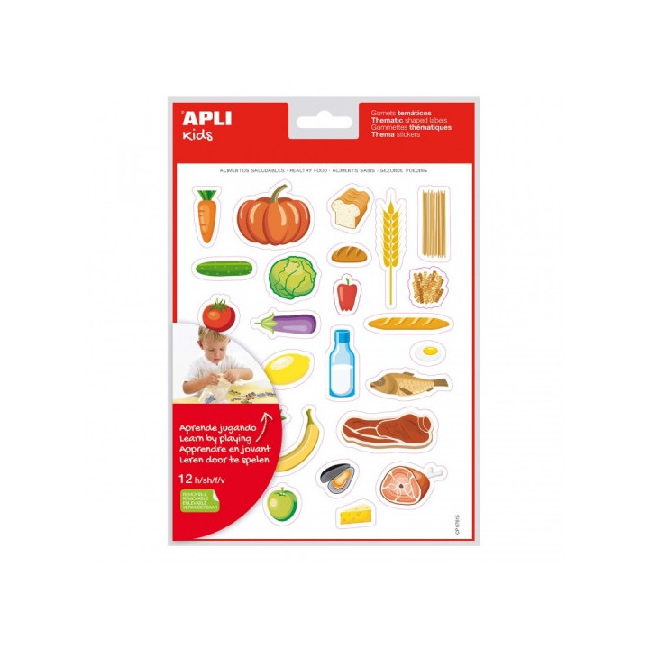 Apli Bolsa de Gomets Tematicos Alimentos Saludables - Adhesivo Removible - Ilustraciones Divertidas - Fomenta Vocabulario y Hab